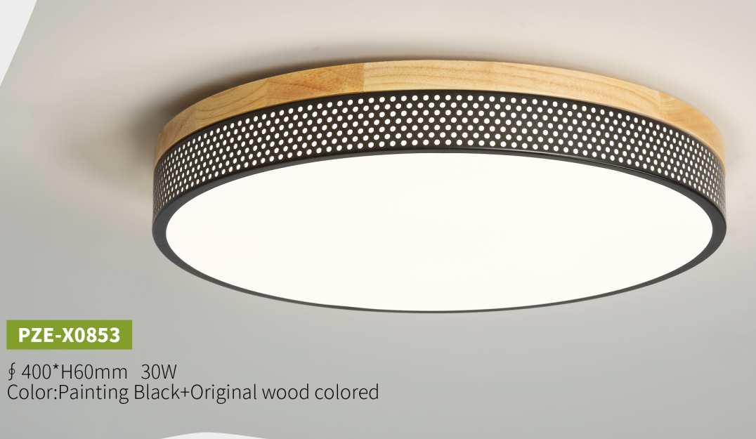 Modern Solid Wood Black Frame Round LED Ceiling Light - Image 2