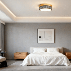 Modern Solid Wood Black Frame Round LED Ceiling Light