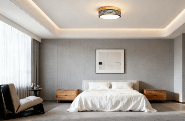 Modern Solid Wood Black Frame Round LED Ceiling Light - Image 1