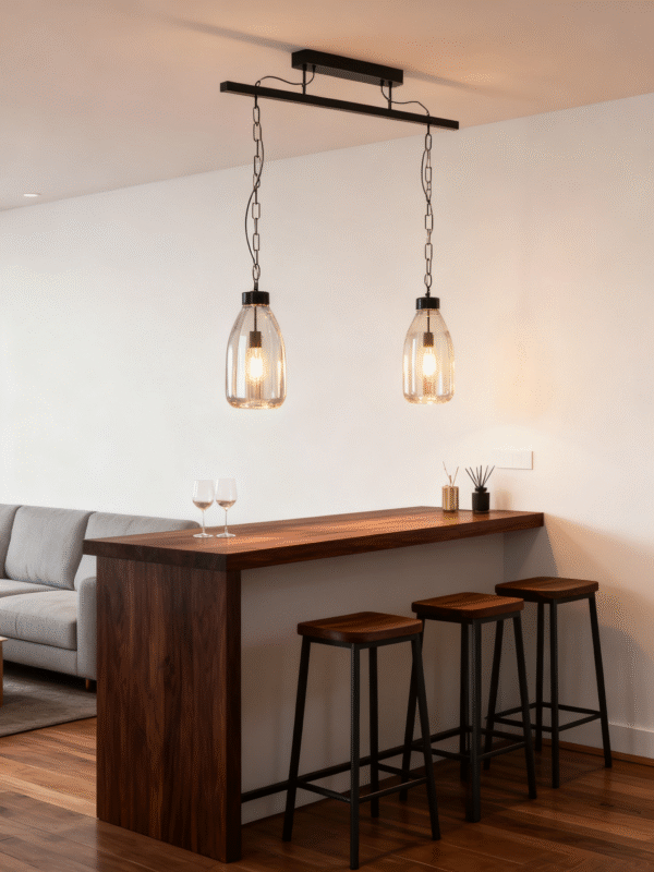 black steel bedside pendant with 2 lights for kitchen, bar, study, or hotel use.