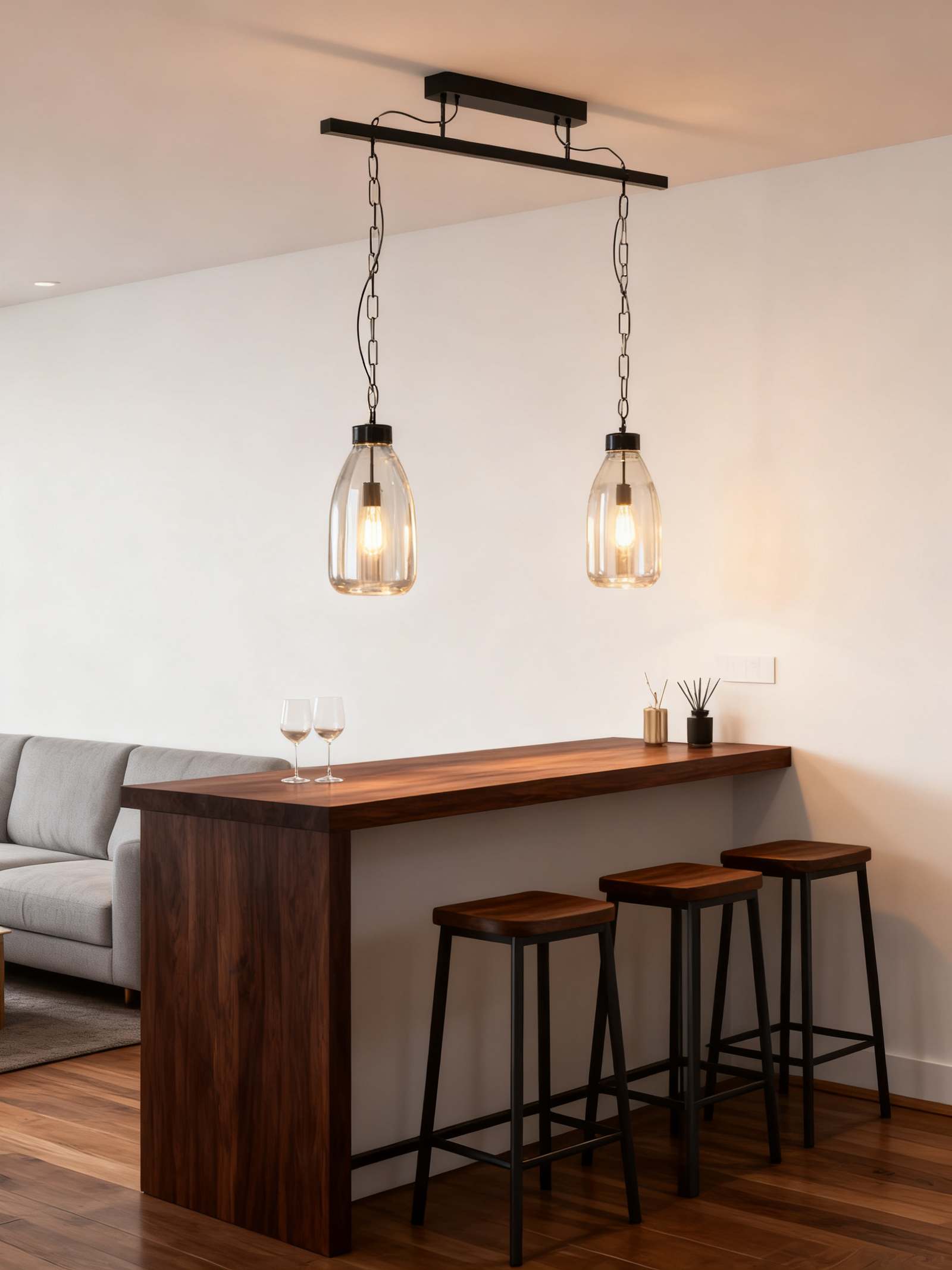 black steel bedside pendant with 2 lights for kitchen, bar, study, or hotel use. - Image 1