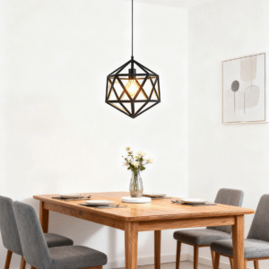 Black retro-style single-head pendant light, steel lampshade, geometric design.