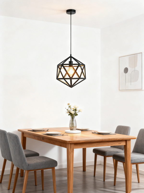 Black retro-style single-head pendant light, steel lampshade, geometric design.