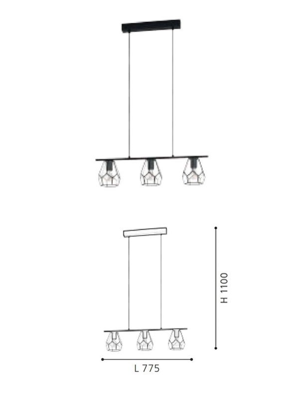 3-Light Kitchen Island Lighting Chandeliers, Black and clear steel Pendant Lighting