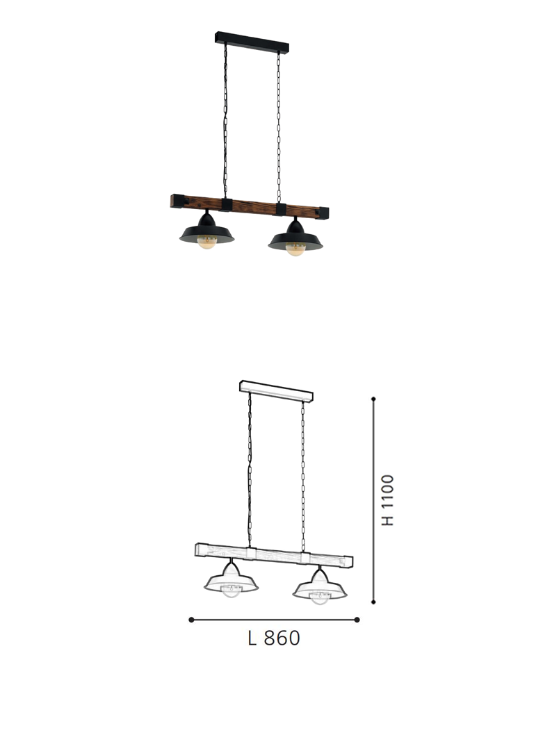 Brown Rustic 2-Light E27 Chandelier Rust Wood & Steel Island Pendant Light - Image 2