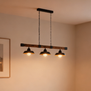 Brown Rustic 3-Light E27 Chandelier Rust Wood & Steel Island Pendant Light