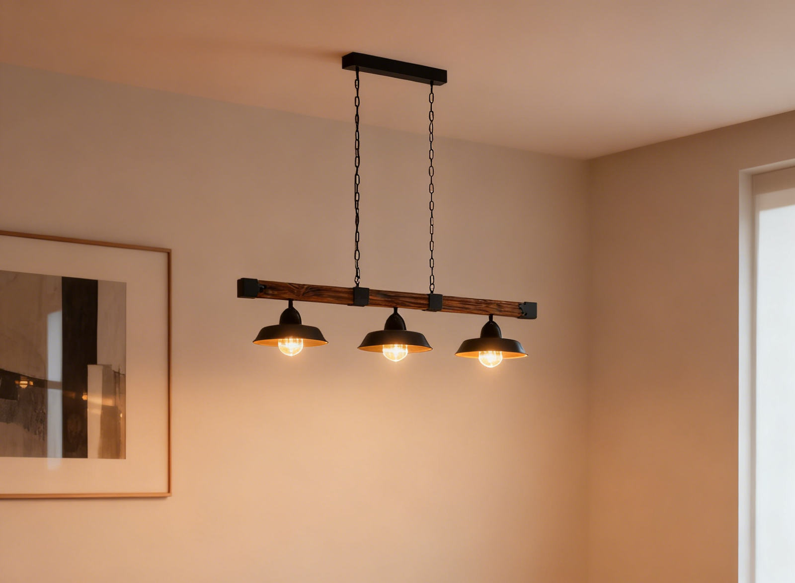 Brown Rustic 3-Light E27 Chandelier Rust Wood & Steel Island Pendant Light - Image 1