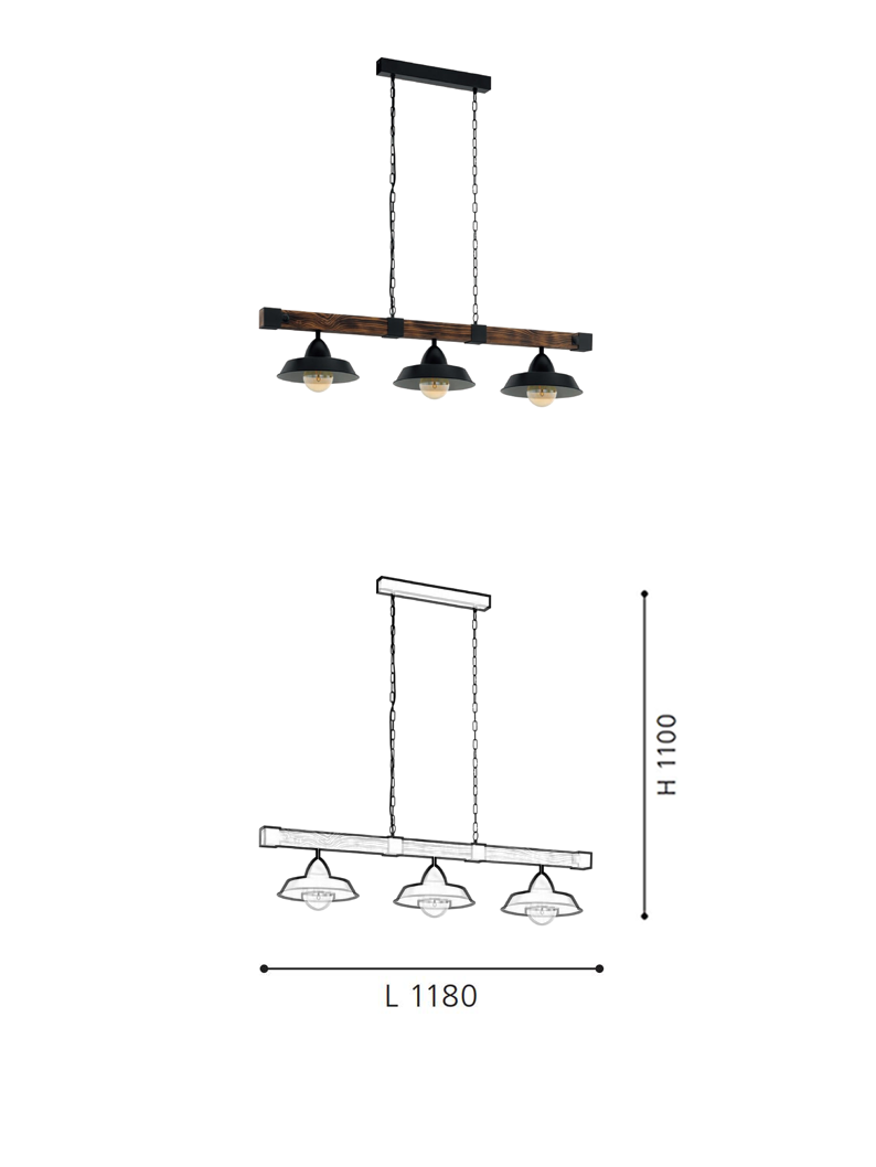 Brown Rustic 3-Light E27 Chandelier Rust Wood & Steel Island Pendant Light - Image 2