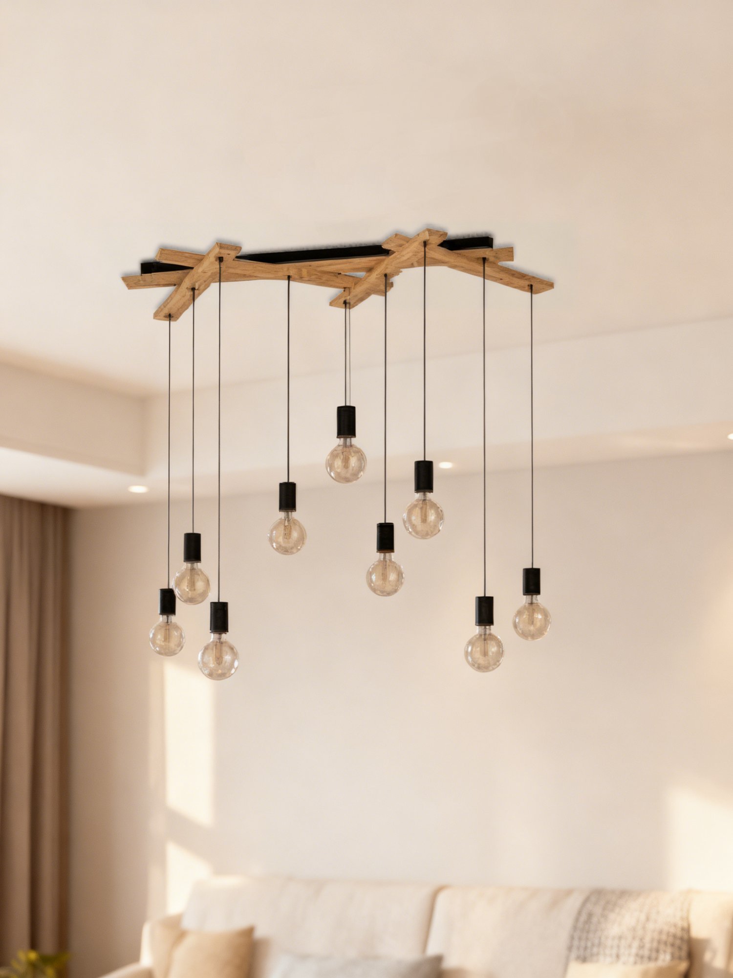 Steel And Wood E27 9-Light Hanging Light for Restaurants - Image 1