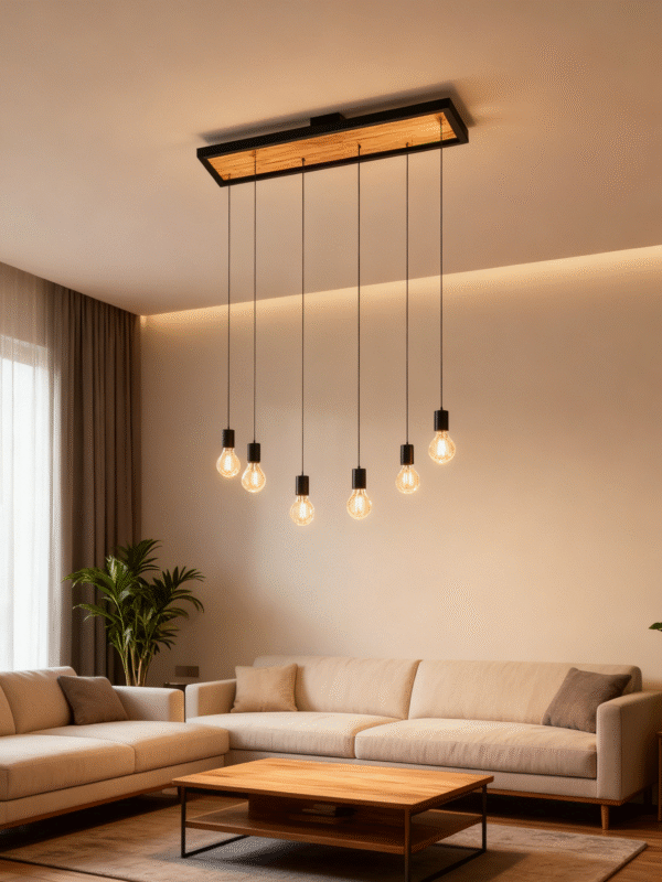 Steel Wood E27 6-Light Hanging Light for Restaurants