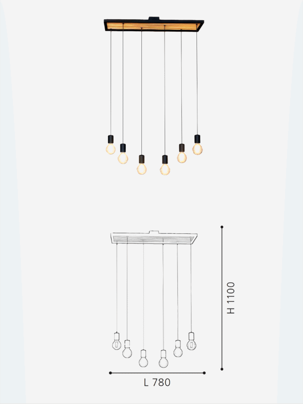Steel Wood E27 6-Light Hanging Light for Restaurants