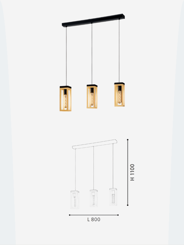 New 3-Light Rectangle Black Steel And Wood Kitchen Island Pendant Long Farmhouse Industrial Chandelier Lamp with E27 Base