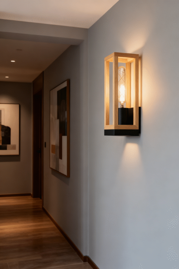 Modern Indoor Corridor Wall Sconce Light Steel Wood Hanging Creative Bedside Wall Lamp