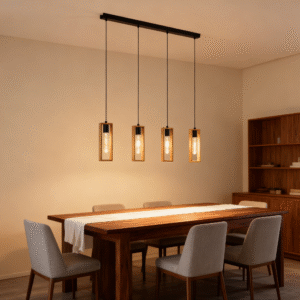 Modern 4-Light Steel and Wood Pendant Lamp for Dining Room Minimalist Hanging Light Fixture for Kitchen & Home Decor