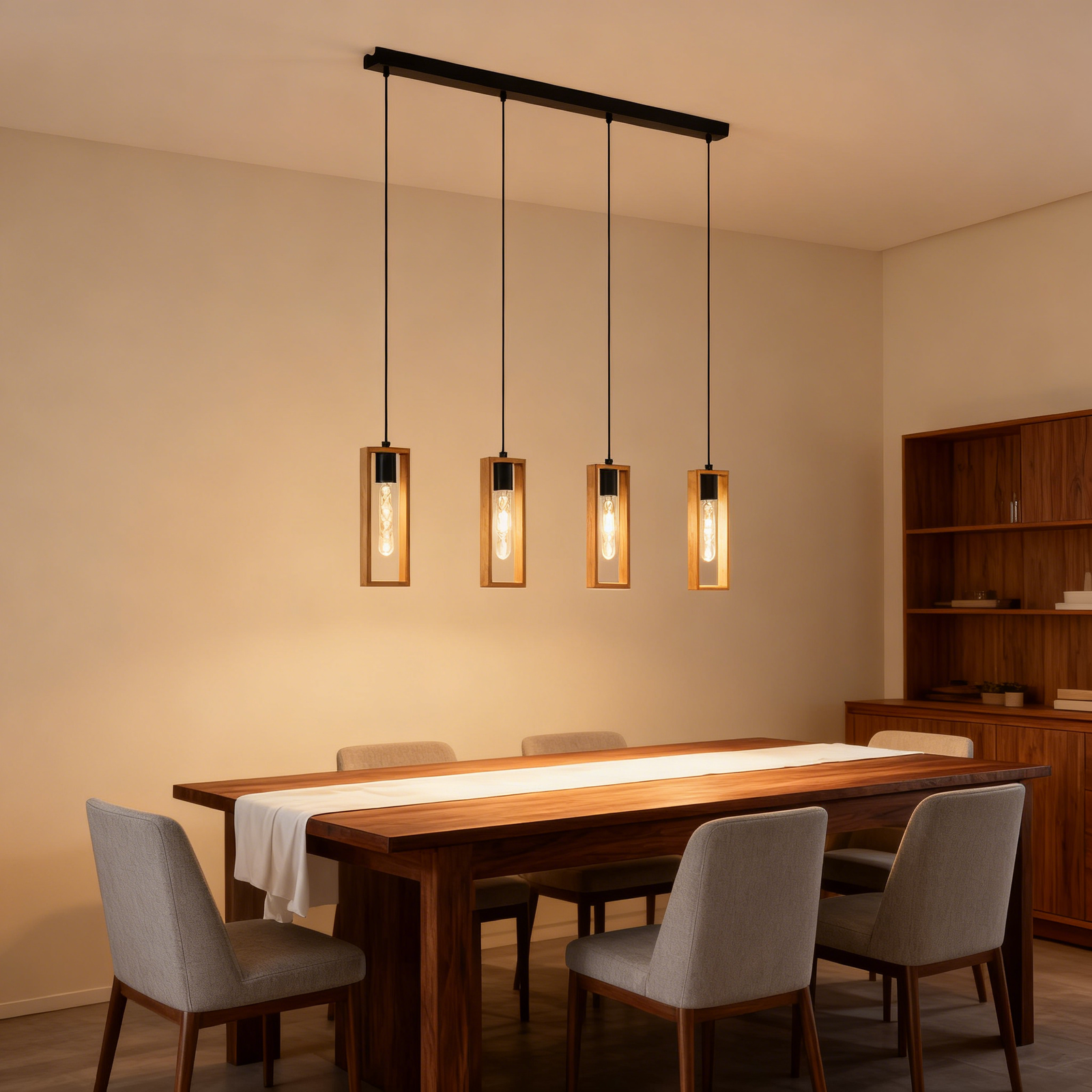 Modern 4-Light Steel and Wood Pendant Lamp for Dining Room Minimalist Hanging Light Fixture for Kitchen & Home Decor - Image 1