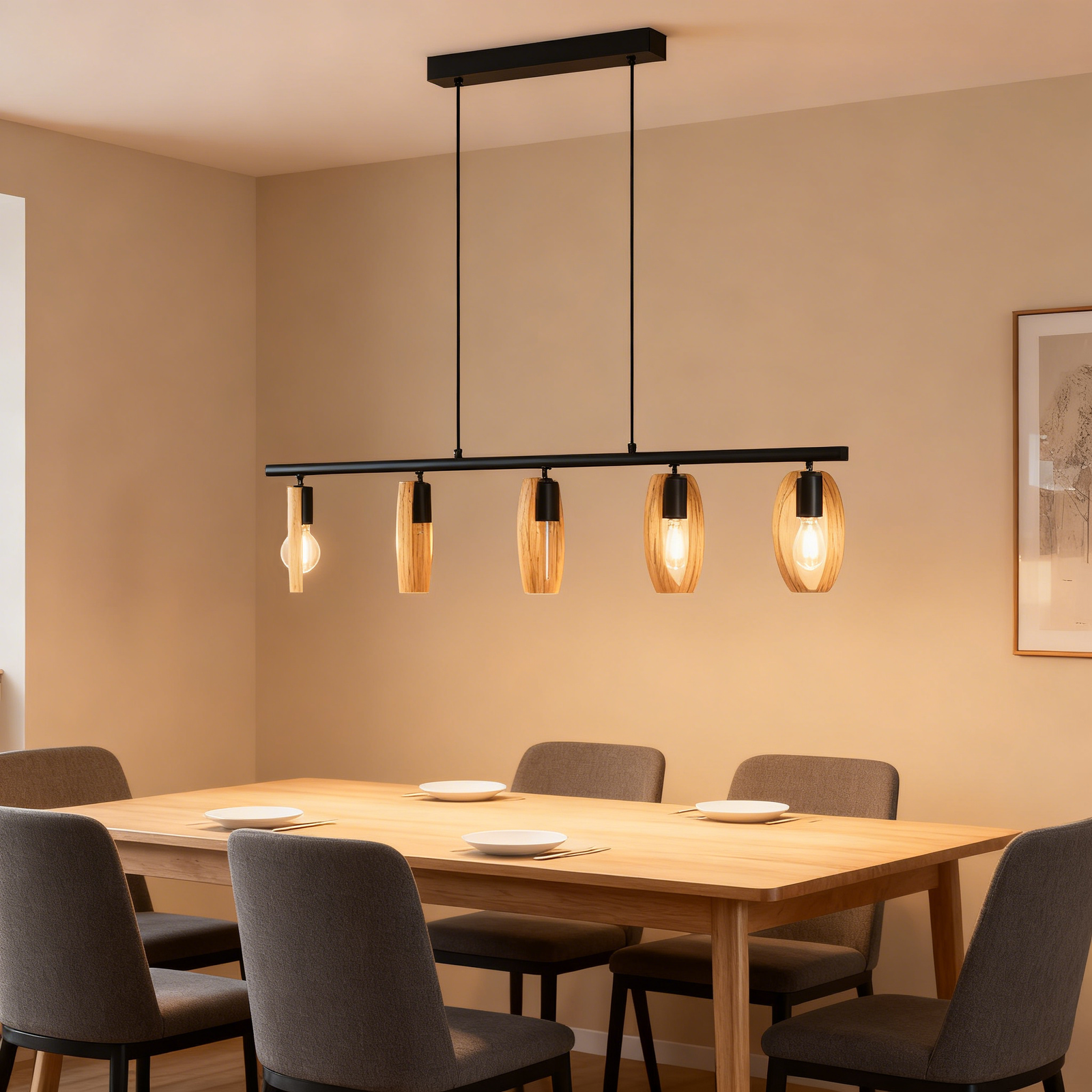 Restaurant Chandelier Wooden Black Metal Chandelier Industrial Retro Farmhouse Kitchen Island Lamp - Image 1