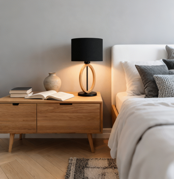 Hot Selling Indoor Living Room Modern Nordic Decoration Lighting Hotel Steel Wood Fabric Shade Bed Side  Table Lamp