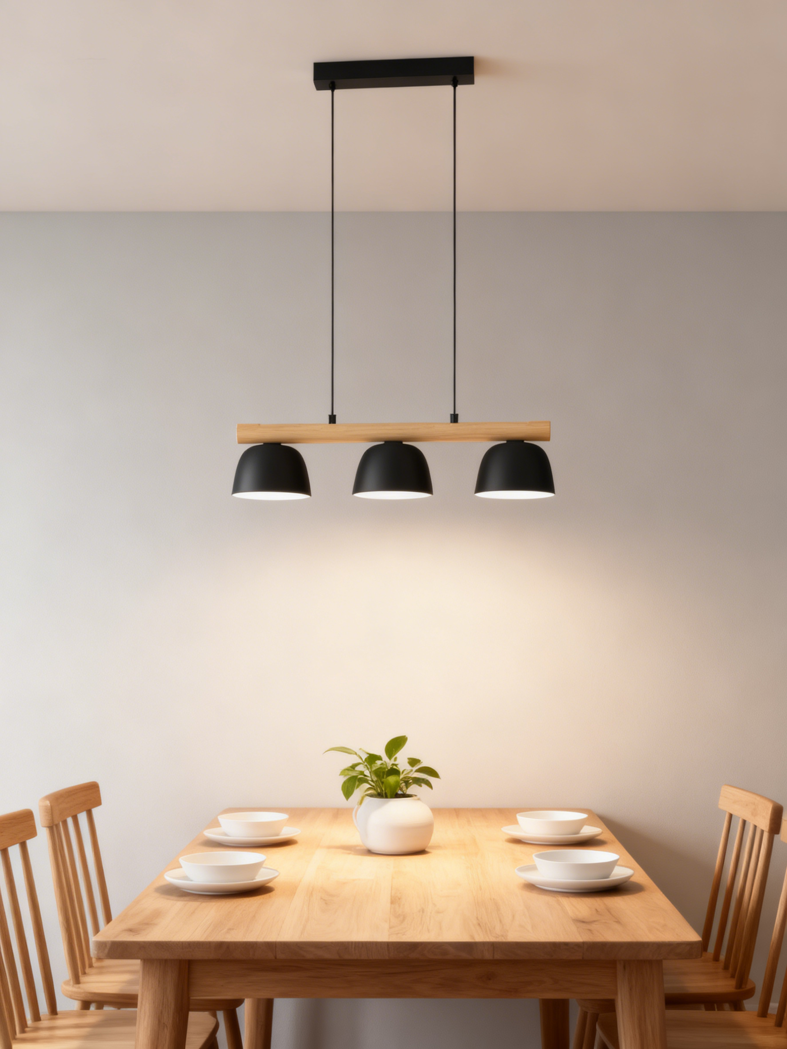 Wooden Steel E27 Pendant Lamp Dinning Three Lights Chandelier Pendant Hanging Lighting - Image 1