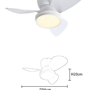 56cm Diameter 20cm Height Ceiling Fan Light - Black & White 3-Blade Contemporary Fan Lamp - Image 2