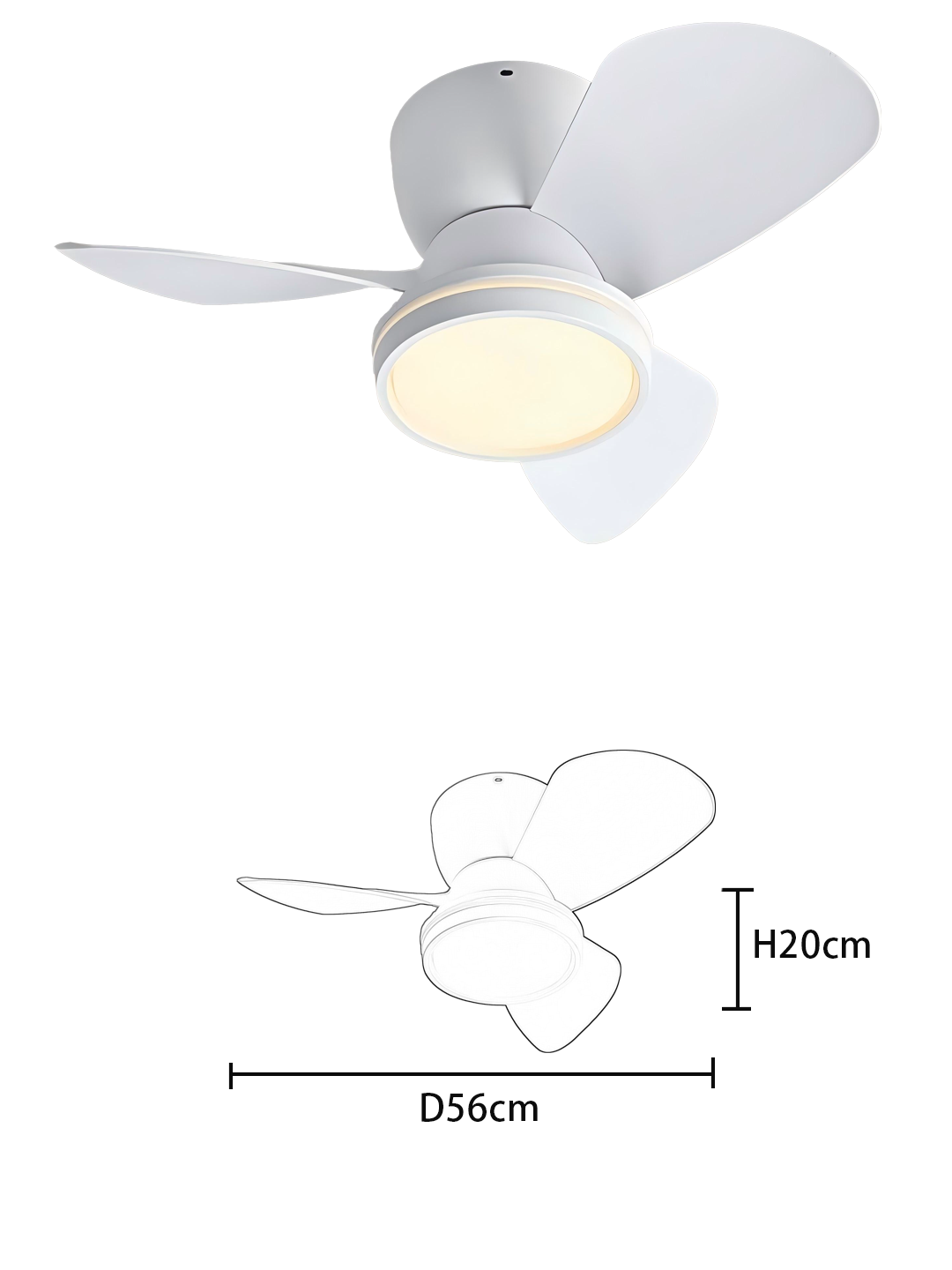 56cm Diameter 20cm Height Ceiling Fan Light - Black & White 3-Blade Contemporary Fan Lamp - Image 2