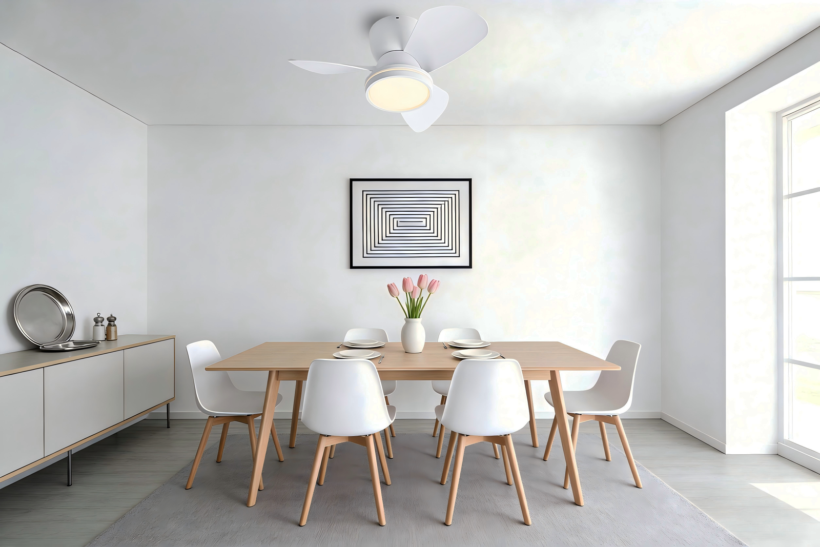 56cm Diameter 20cm Height Ceiling Fan Light - Black & White 3-Blade Contemporary Fan Lamp - Image 1