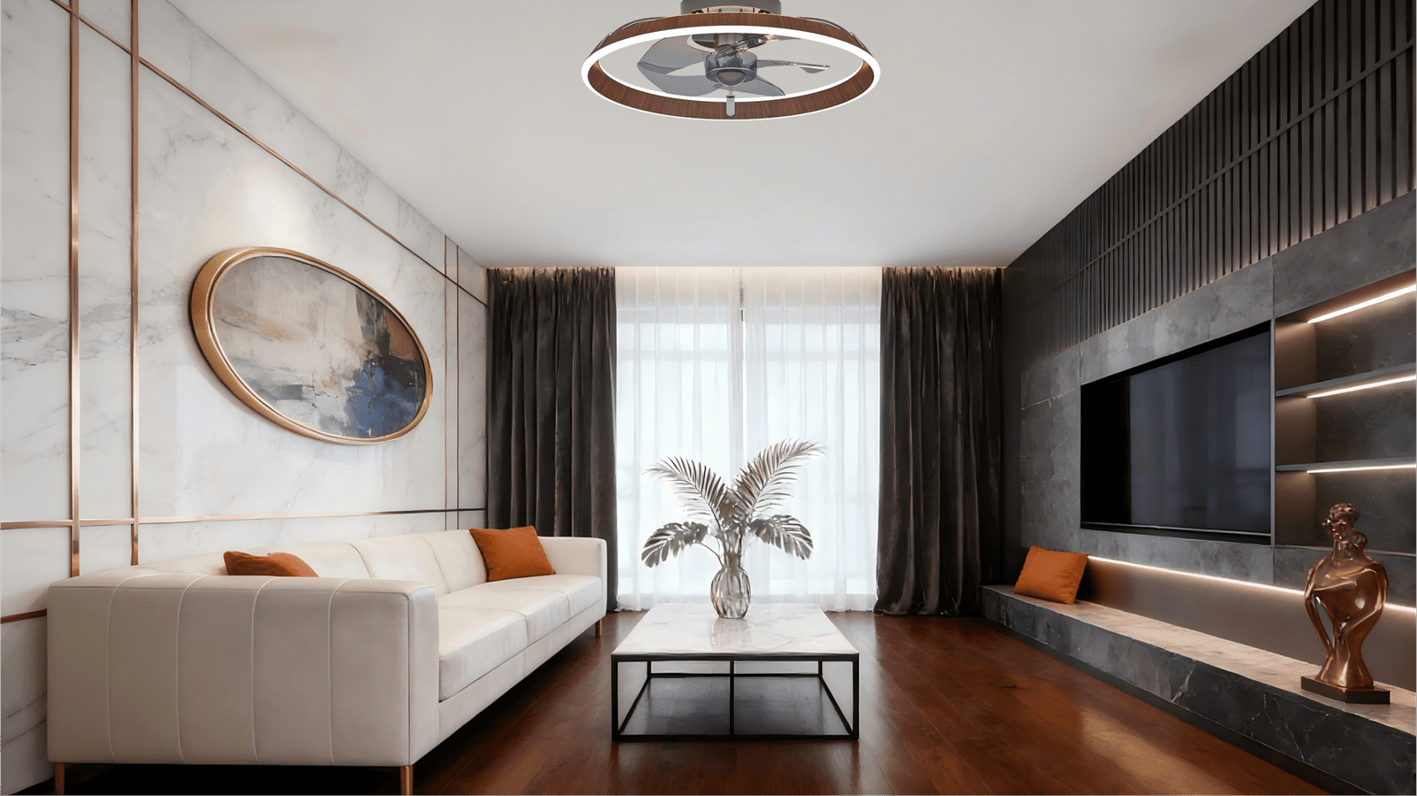 Wood Grain Luxury Ceiling Fan Light - Modern Round Design Fan Lamp with  Lighting - Image 1