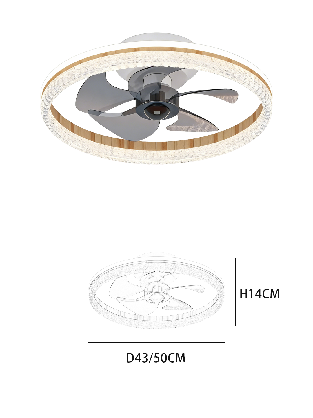 Crystal & Wood Grain Luxury Ceiling Fan Light - Elegant Round Design Fan Lamp - Image 2