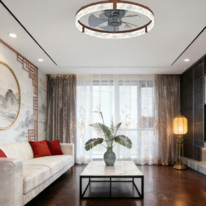 Luxury Round Ceiling Fan Light - Crystal-Wood Accent Panel, Stylish Fan Lamp with Lighting