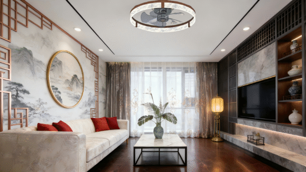 Luxury Round Ceiling Fan Light - Crystal-Wood Accent Panel, Stylish Fan Lamp with Lighting