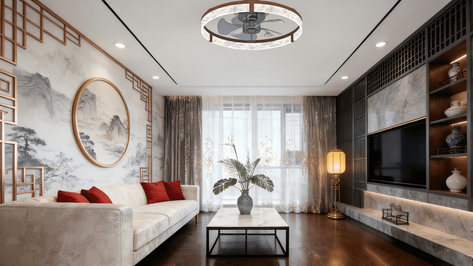 Luxury Round Ceiling Fan Light - Crystal-Wood Accent Panel, Stylish Fan Lamp with Lighting - Image 1