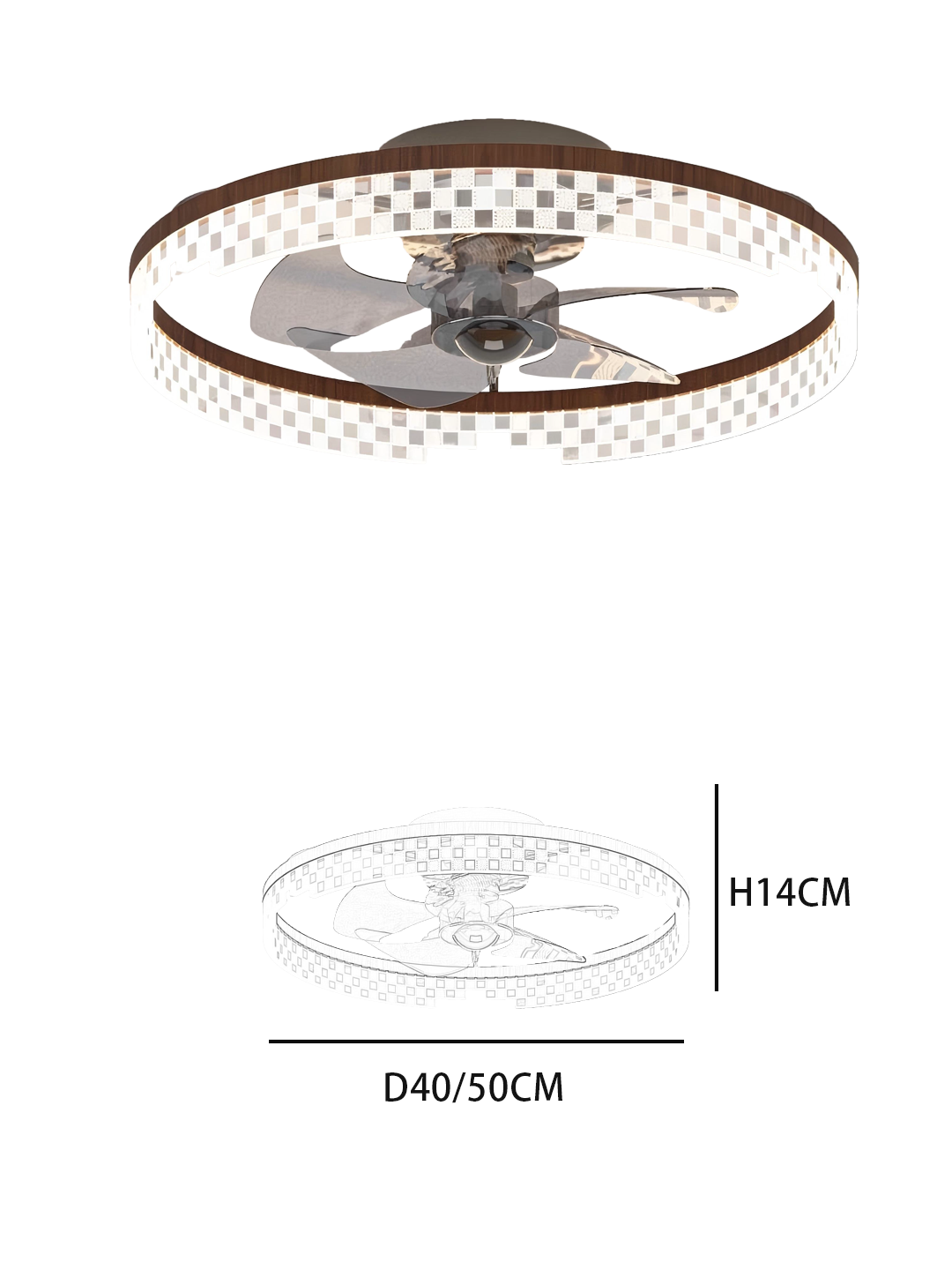 Luxury Round Ceiling Fan Light - Checkered Crystal Accent & Wood Trim, Stylish Fan Lamp with Lighting - Image 2