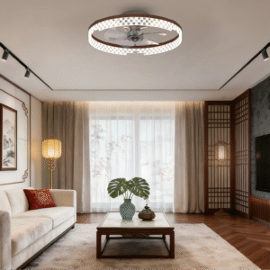 Luxury Round Ceiling Fan Light - Checkered Crystal Accent & Wood Trim, Stylish Fan Lamp with Lighting