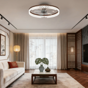 Luxury Round Ceiling Fan Light - Checkered Crystal Accent & Wood Trim, Stylish Fan Lamp with Lighting