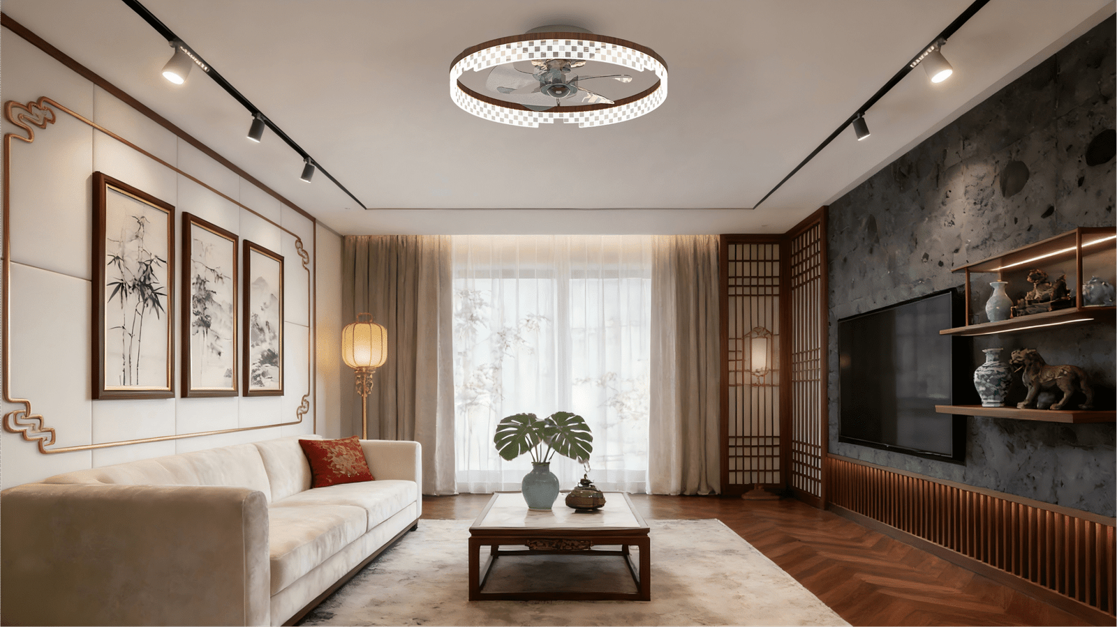 Luxury Round Ceiling Fan Light - Checkered Crystal Accent & Wood Trim, Stylish Fan Lamp with Lighting - Image 1