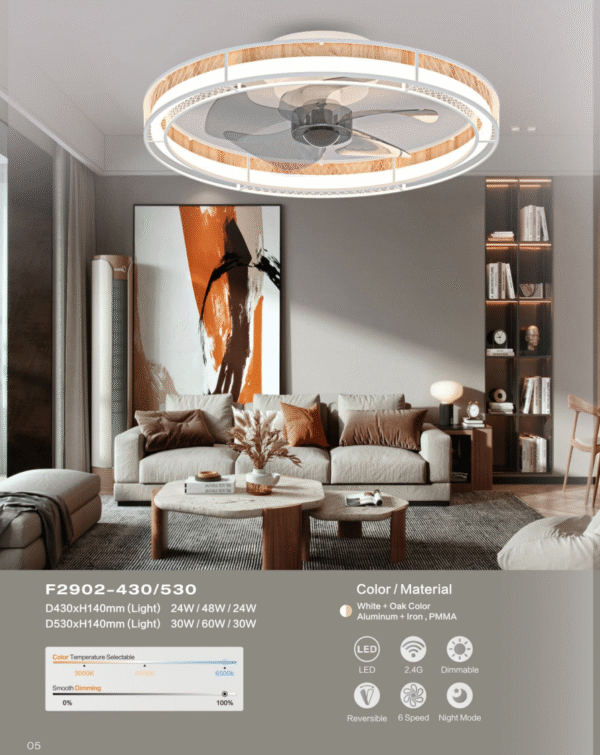 Luxury Round Ceiling Fan Light - Wood Accent & Crystal Trim, Stylish Fan Lamp