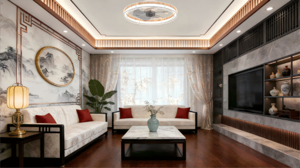 Luxury Round Ceiling Fan Light - Wood Accent & Crystal Trim, Stylish Fan Lamp