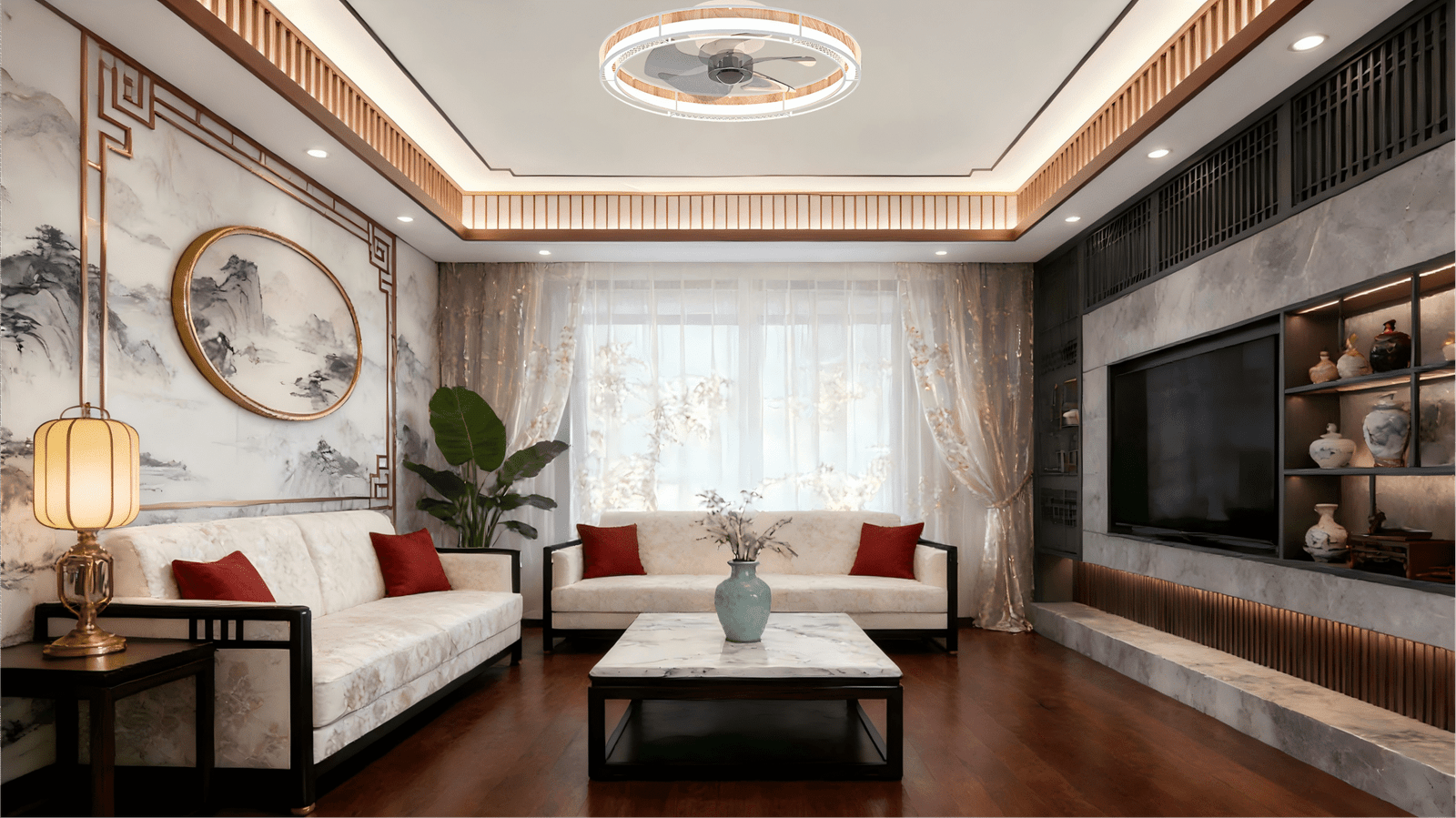 Luxury Round Ceiling Fan Light - Wood Accent & Crystal Trim, Stylish Fan Lamp - Image 1