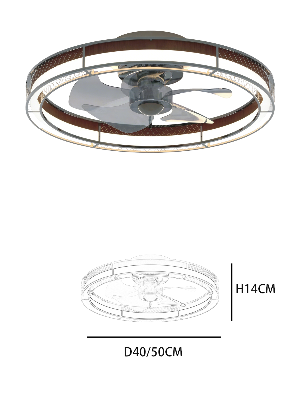 40/50cm Diameter Ceiling Fan Light - Elegant Quilted Rim & Wood Accent, Modern Fan Lamp for Interiors - Image 2
