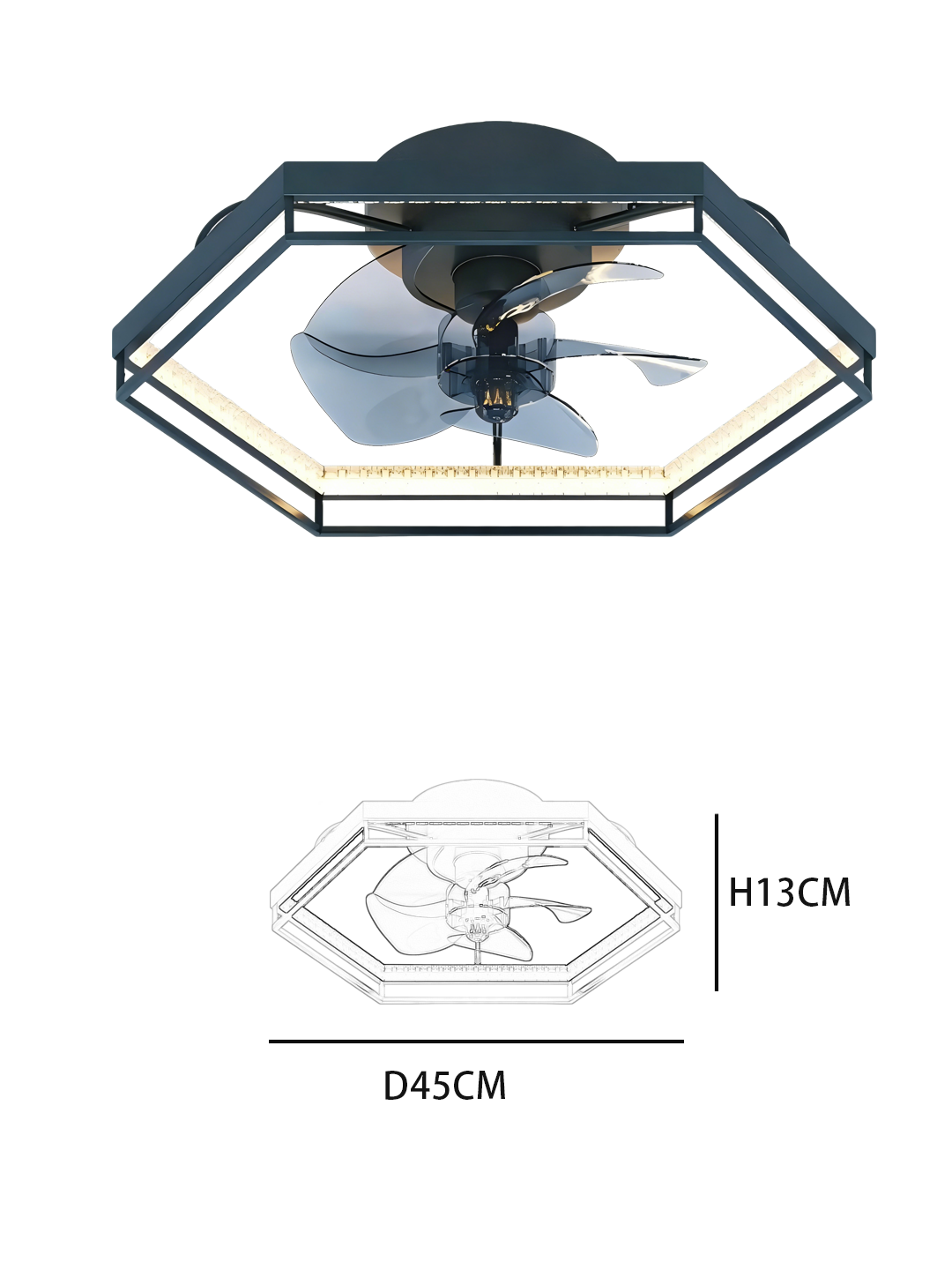 Octagonal Black Ceiling Fan Light (D450xH130mm) - 2.4G Remote Control, 30W/60W LED Fan Lamp - Image 2