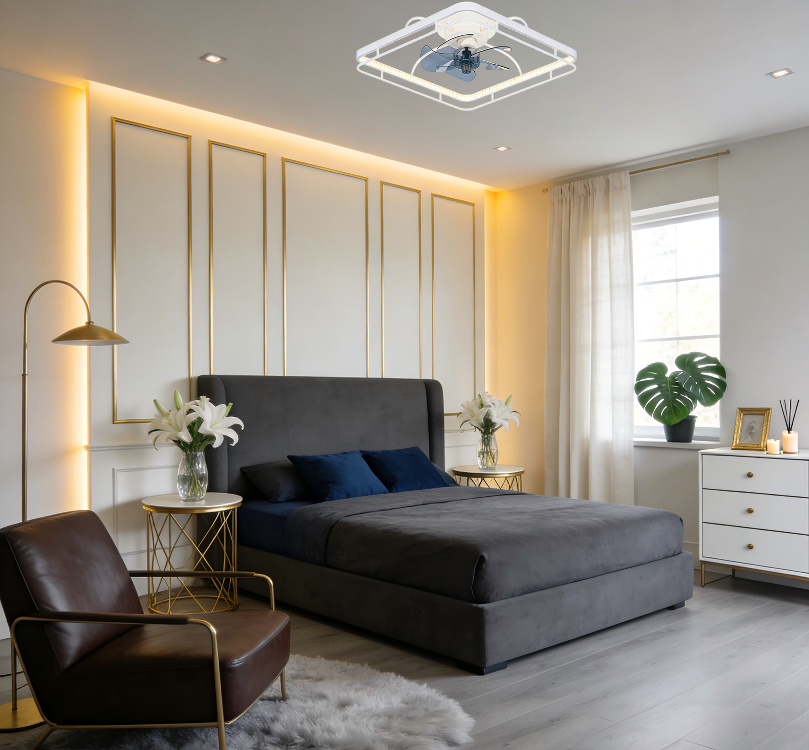 Modern Square Ceiling Fan Light (L40xW40cm) - Compact Design, Stylish Fan Lamp for Bedrooms & Living Areas - Image 1