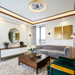 Round Minimalist Ceiling Fan Light (Gold Trim) - Integrated LED, Elegant Fan Lamp for Luxury Living Spaces