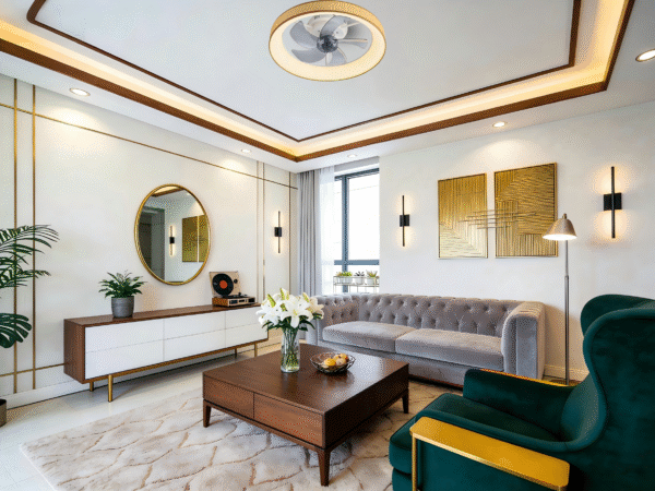 Round Minimalist Ceiling Fan Light (Gold Trim) - Integrated LED, Elegant Fan Lamp for Luxury Living Spaces