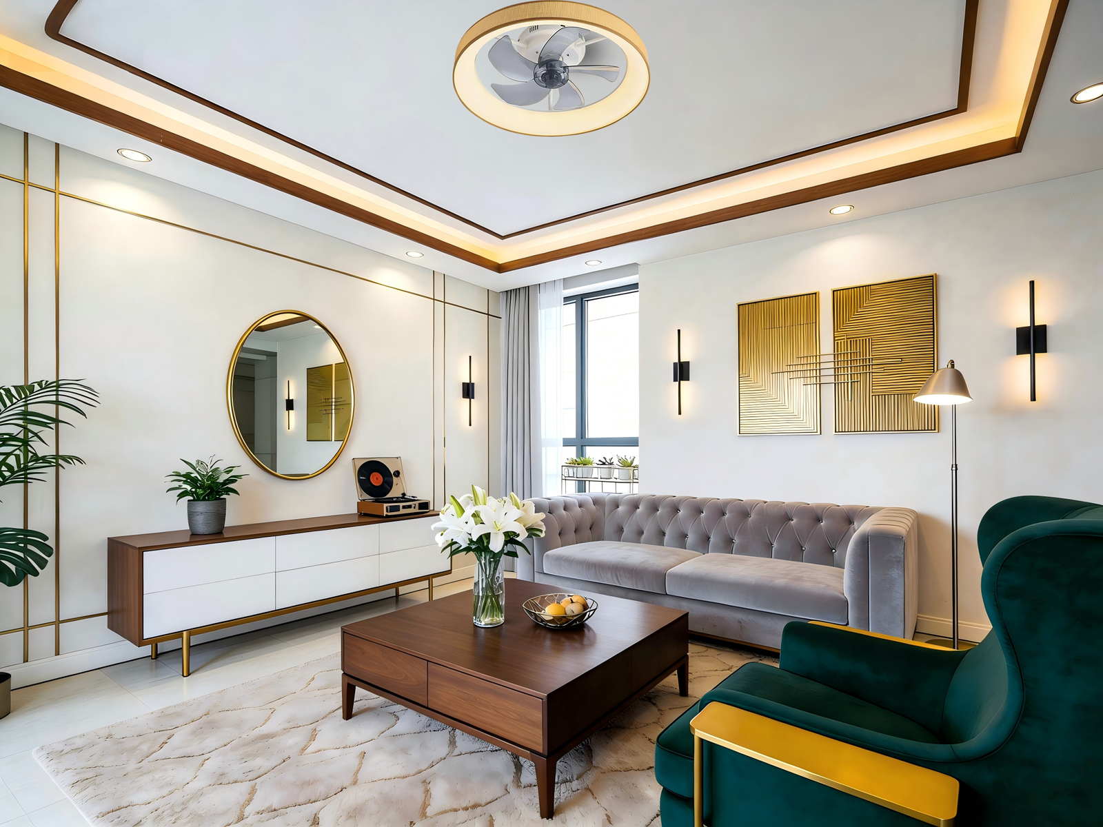 Round Minimalist Ceiling Fan Light (Gold Trim) - Integrated LED, Elegant Fan Lamp for Luxury Living Spaces - Image 1