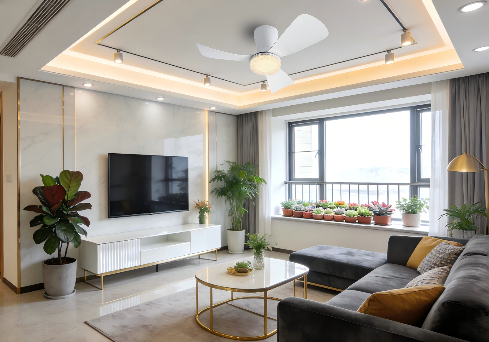 76cm Diameter 26cm Height Fan Light - White Contemporary 3-Blade Fan Lamp - Image 1