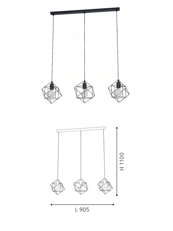 3-Light Geometric Wire Frame Pendant Light - Black Industrial Hanging Lamp for Kitchen Island/Dining Room