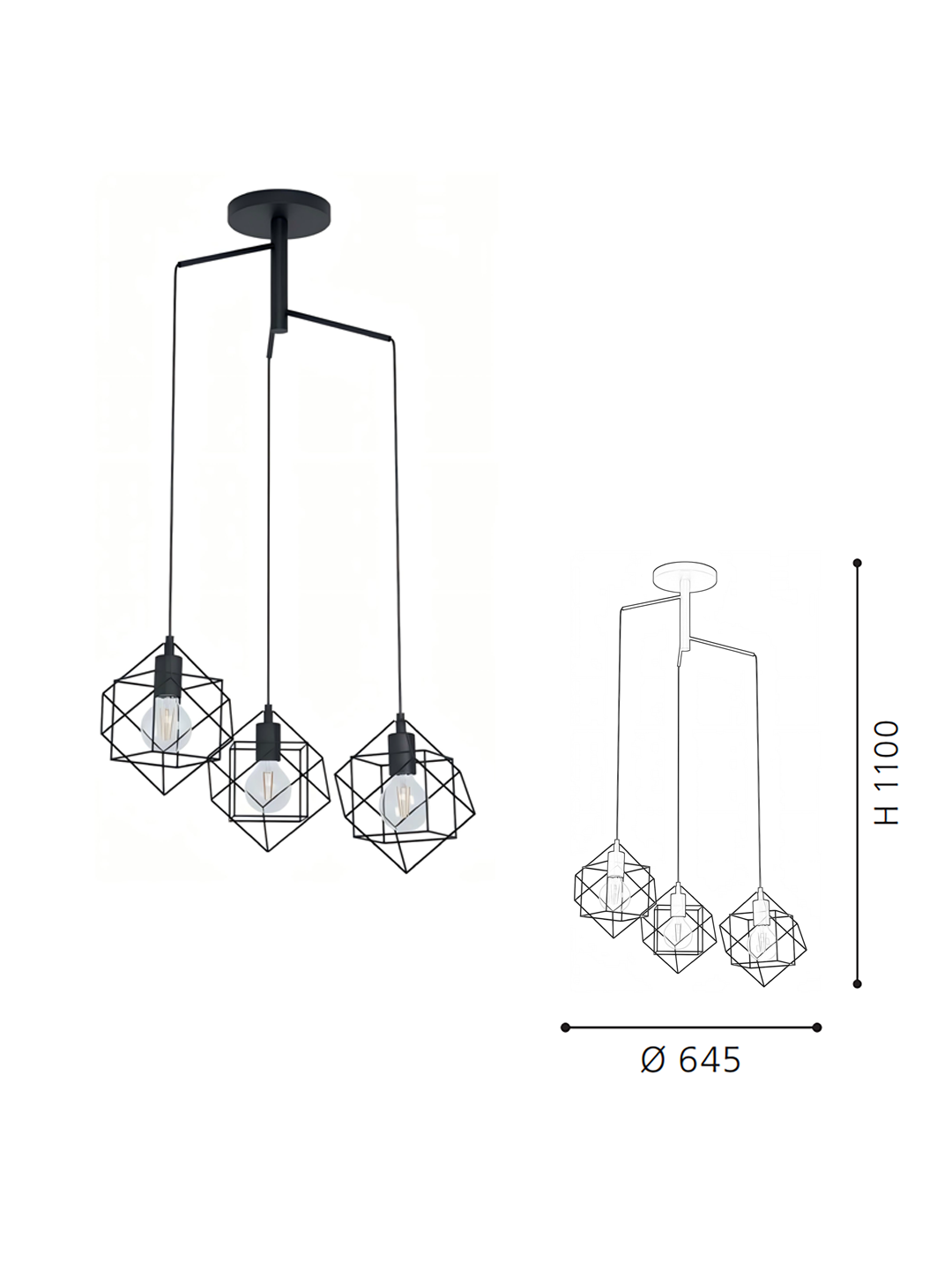 3-Light Adjustable Arm Geometric Pendant Lamp - Black Industrial Wire Frame Hanging Light for Dining/Kitchen - Image 2