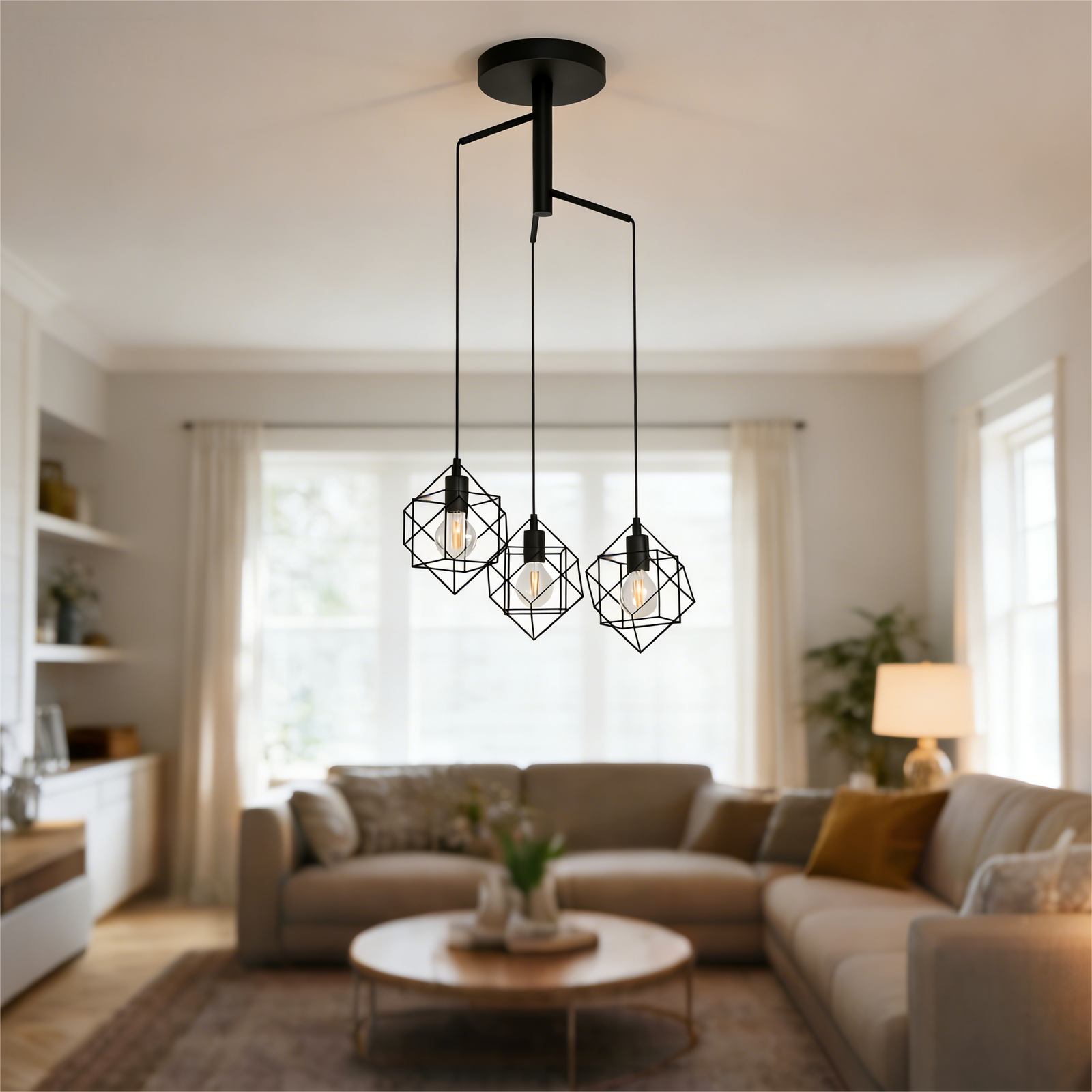 3-Light Adjustable Arm Geometric Pendant Lamp - Black Industrial Wire Frame Hanging Light for Dining/Kitchen - Image 1