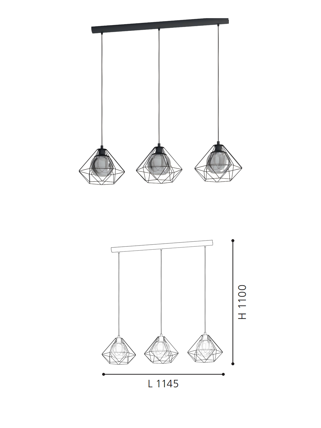 3-Light Linear Geometric Wire Frame Pendant Light - Black Industrial Hanging Lamp with Glass Shades for Kitchen Island/Dining Room - Image 2