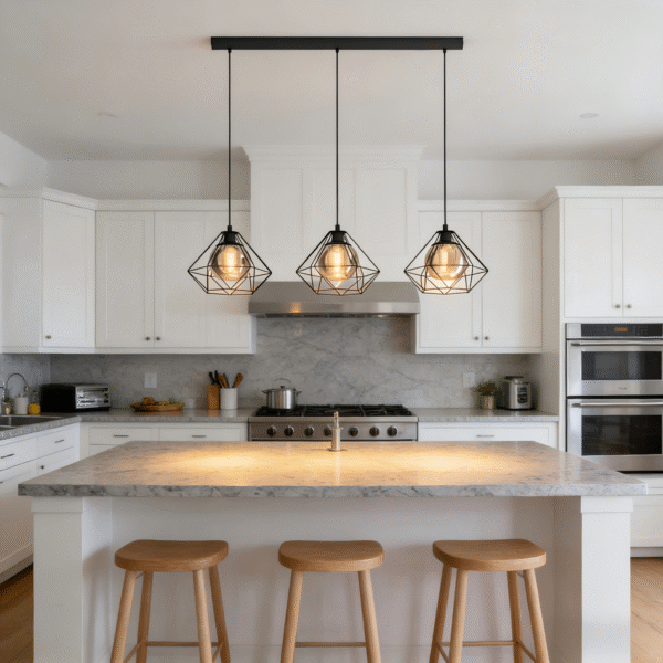 3-Light Linear Geometric Wire Frame Pendant Light - Black Industrial Hanging Lamp with Glass Shades for Kitchen Island/Dining Room