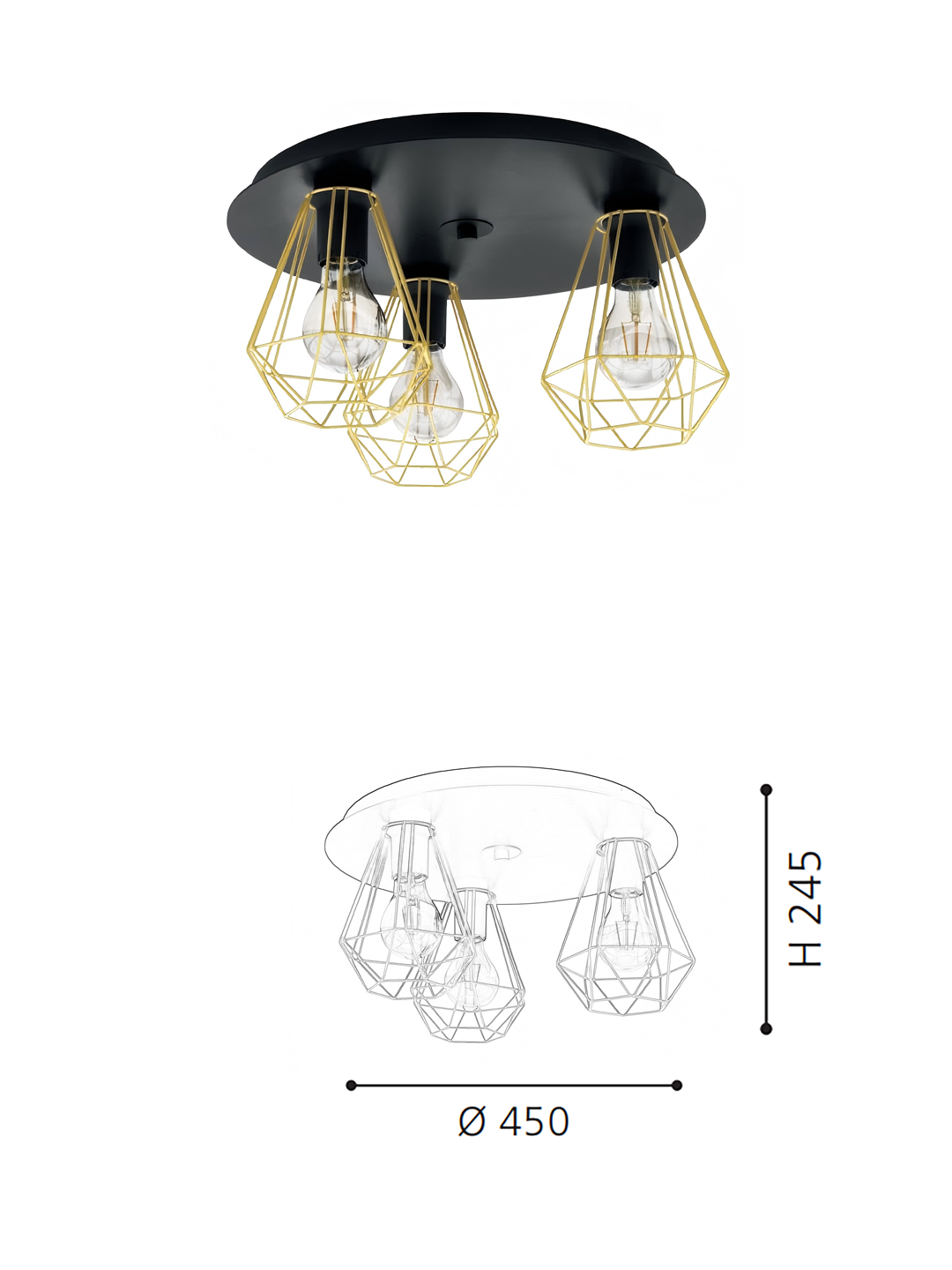 3-Light Black & brass Ceiling Light - Modern Industrial Hanging Fixture for Bedroom/Living Room - Image 2